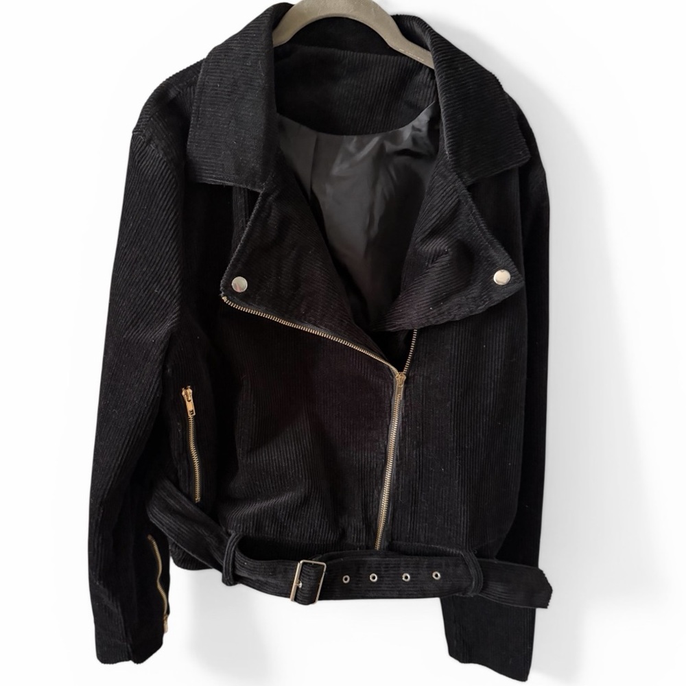 Atelier Black Corduroy Women's Moto Jacket with Belt & Gold Zippers•2X